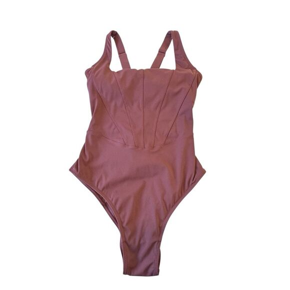 TA3 Deep Rose Seamed Squarey One Piece Sculpting Counting Viral Swimsuit Large - Picture 2 of 9